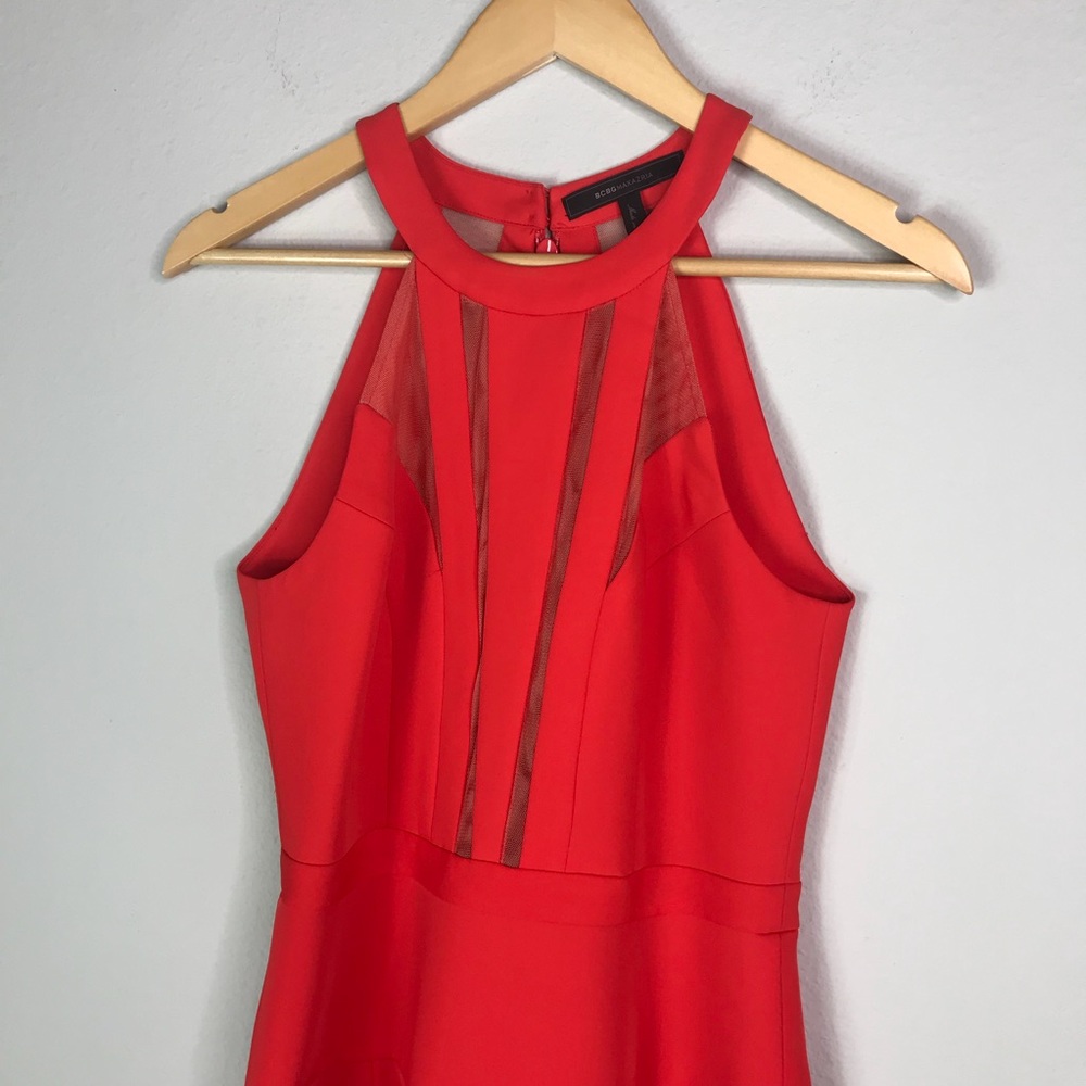 BCBGMaxazria Red Fit and Flare Mesh Halter Dress - Picture 7 of 8